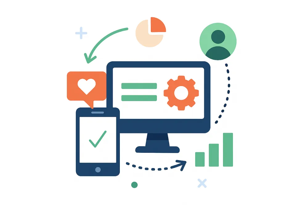 Illustration representing customer engagement automation platform with CRM, messaging, and analytics elements