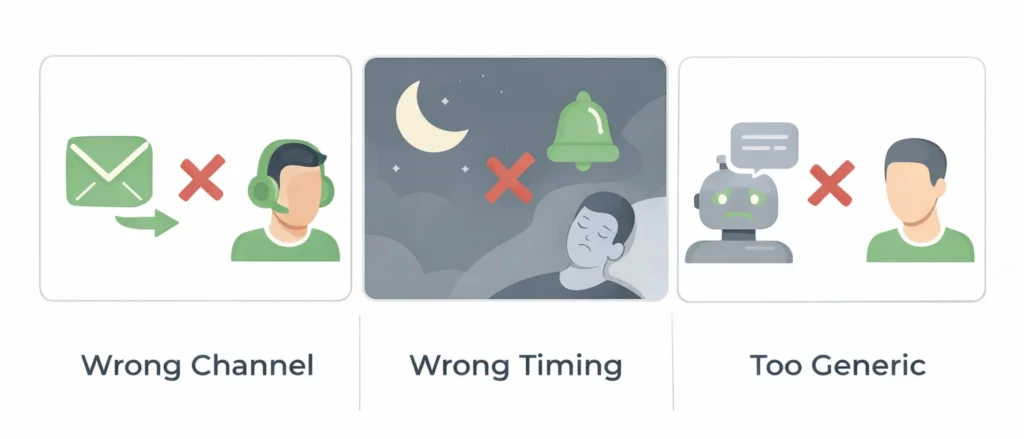 Storyboard illustration showing common mistakes in customer communication: wrong channel, wrong timing, and generic messaging, represented with icons.