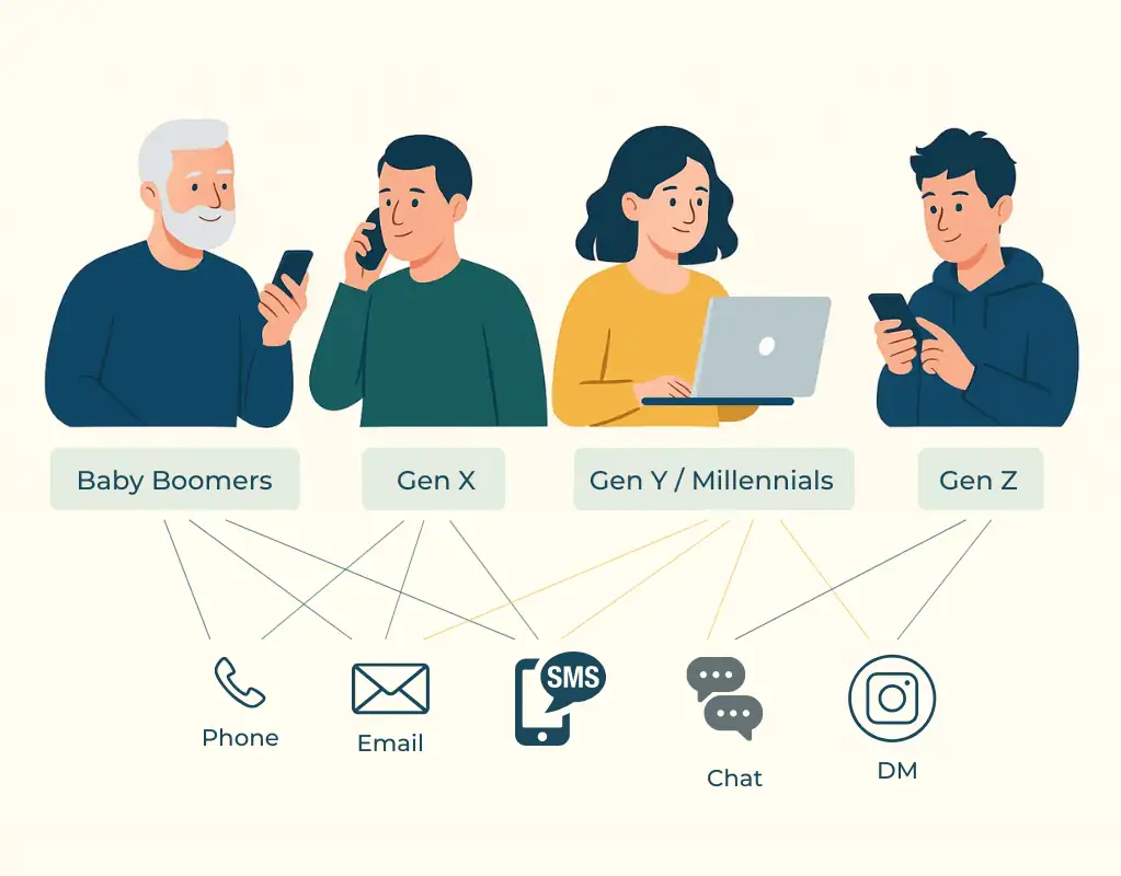 Infographic showing preferred communication channels by generation – Baby Boomers, Gen X, Gen Y, and Gen Z – matched with icons for SMS, email, chat, and social media.