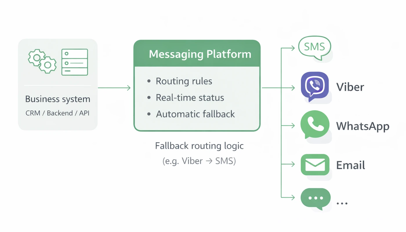 Диаграма за доставка на мултиканални съобщения от бизнес система към messaging платформа и канали