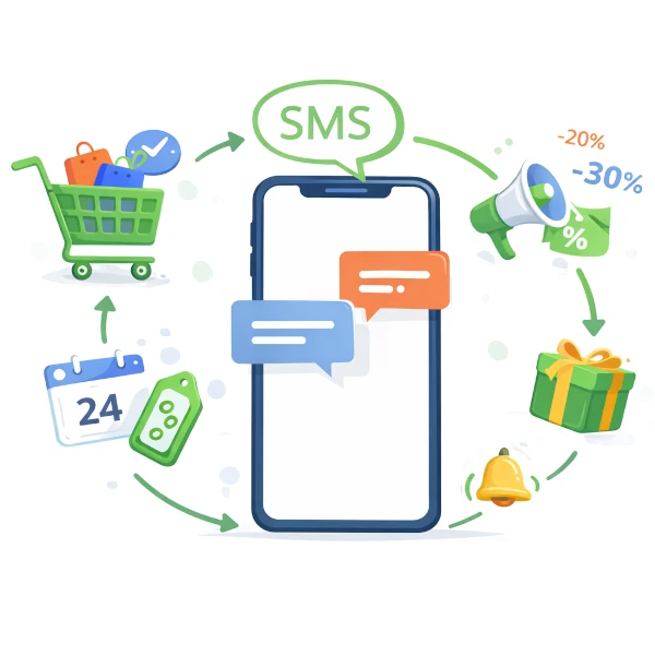Илюстрация: сценарии за SMS маркетинг – кампании, количка, реактивиране