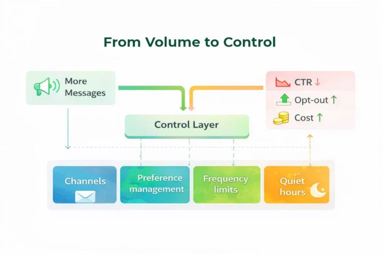 Infographic ‘From Volume to Control’ for customer notifications in 2026, showing how increasing message volume affects CTR, opt‑outs and costs, and how a control layer (Channels, Preference management, Frequency limits, Quiet hours) manages communication.