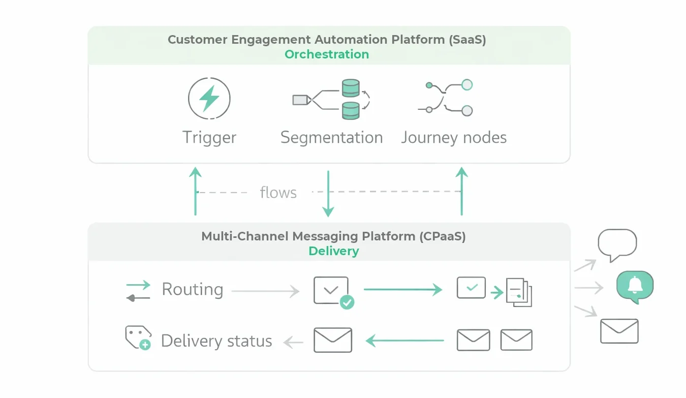 Диаграма: Платформа за автоматизация на клиентската ангажираност (SaaS) за оркестрация и Многоканална платформа за бизнес съобщения (CPaaS) за доставка по канали.